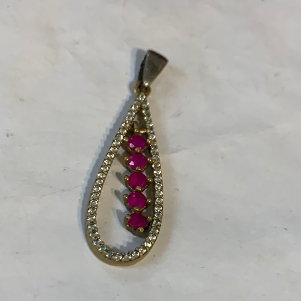 Elegant Gold Vermeil and Ruby Teardrop Diamanté Pendant mixed metal silver bail - Picture 2 of 12